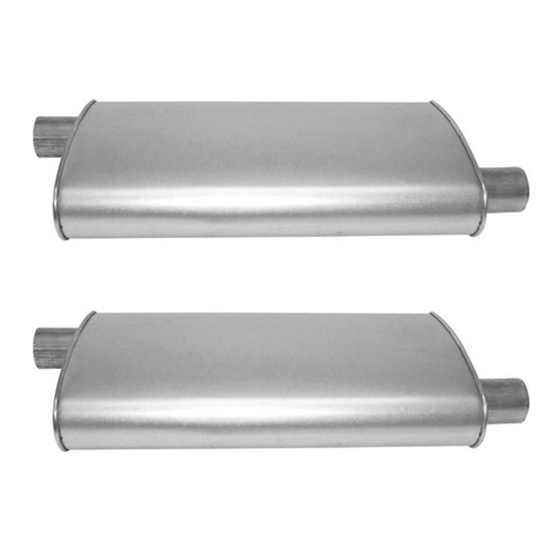 (2) 10 1/2" Oval Universal Muffler 26" OAL 2.25ID 2.25ID Offset Offset